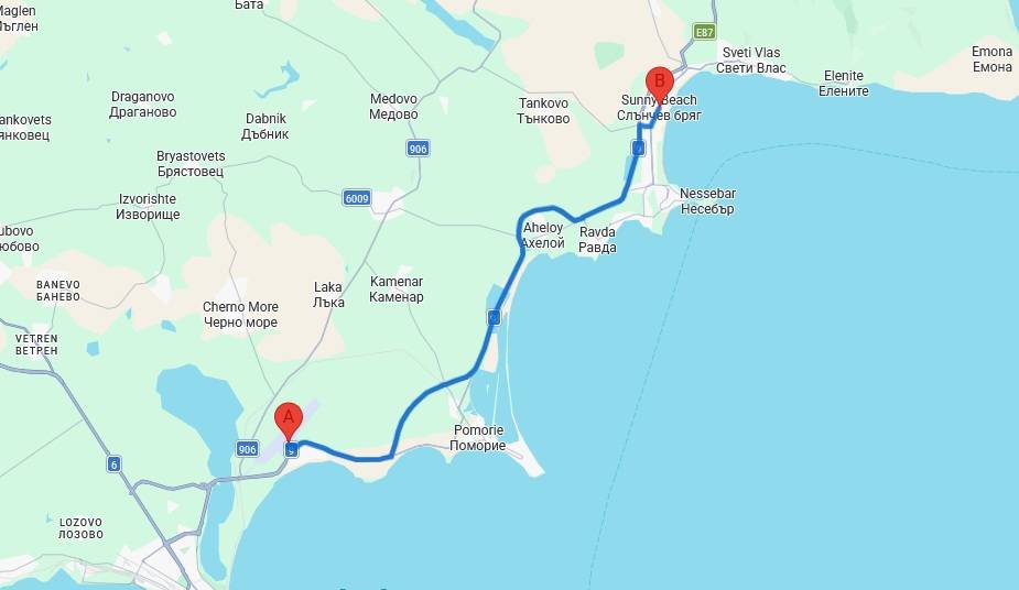 Taxi route from Burgas Airport to Sunny Beach